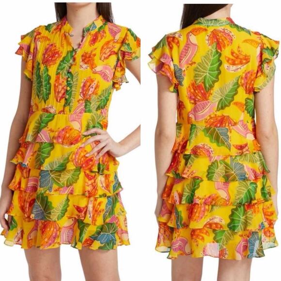 FARM RIO Beaks & Bananas Ruffle Flowy Casual Summer Mini Dress Small - Picture 9 of 13